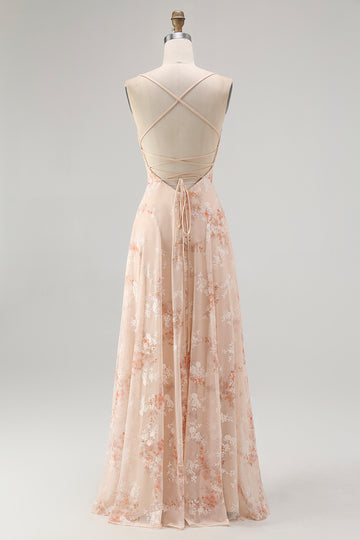 Champagne A Line Cowl Neck Floral Burnout Long Bridesmaid Dress